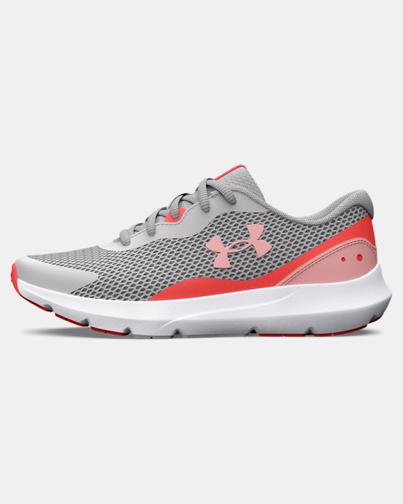 Girls' Grade School UA Surge 3 Running Shoes in Gray image number 5